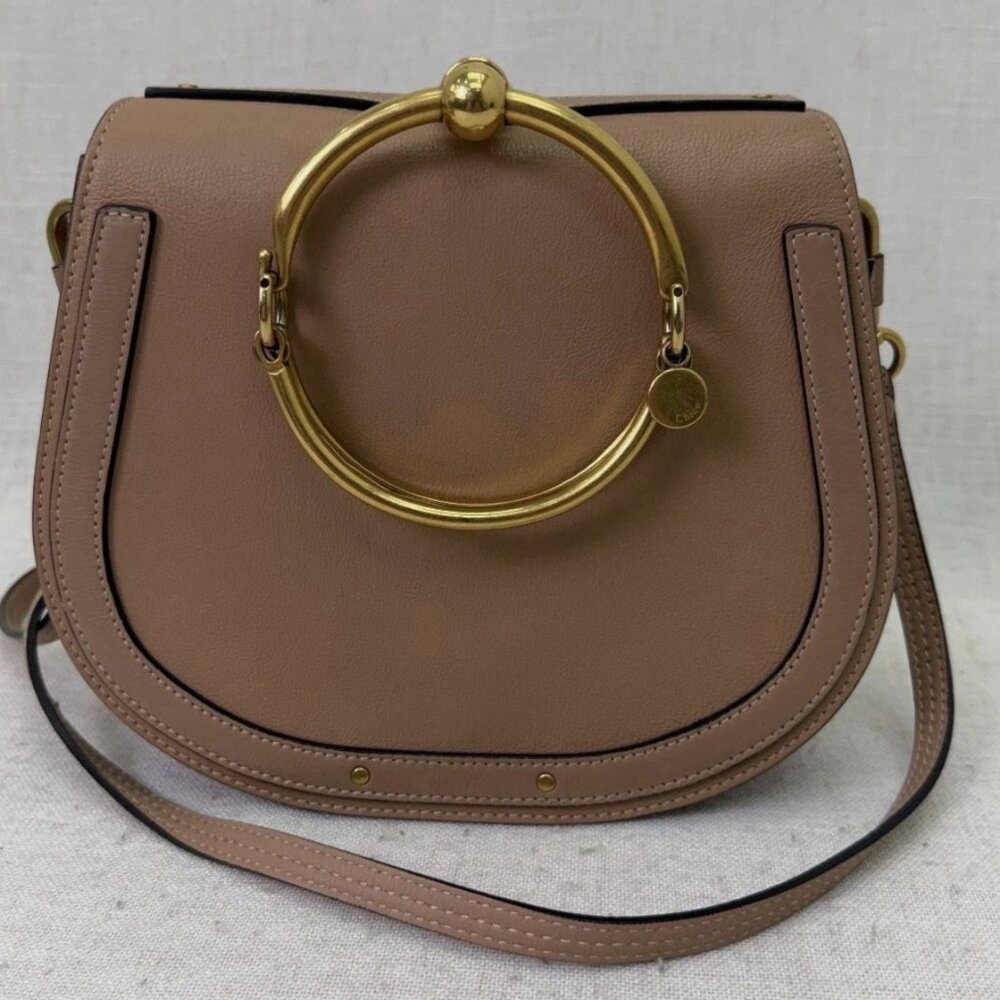 Chloé Nile Beige Crossbody Bag Gold Ring Handle Suede Accents